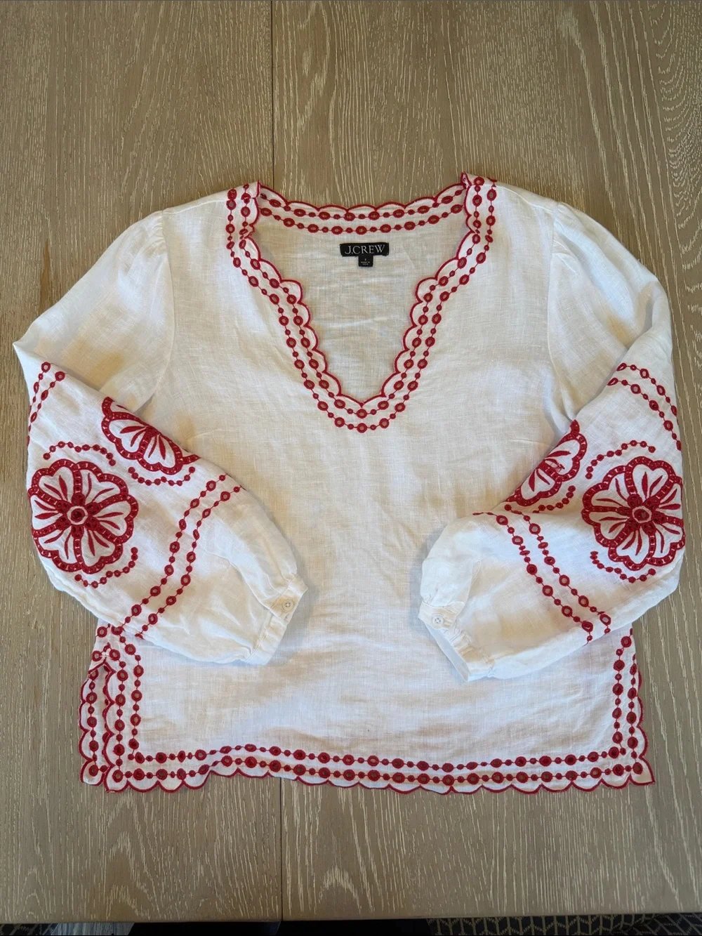 J. Crew Bungalow White Linen Peasant Blouse with Red Embroidered Trim Size S
